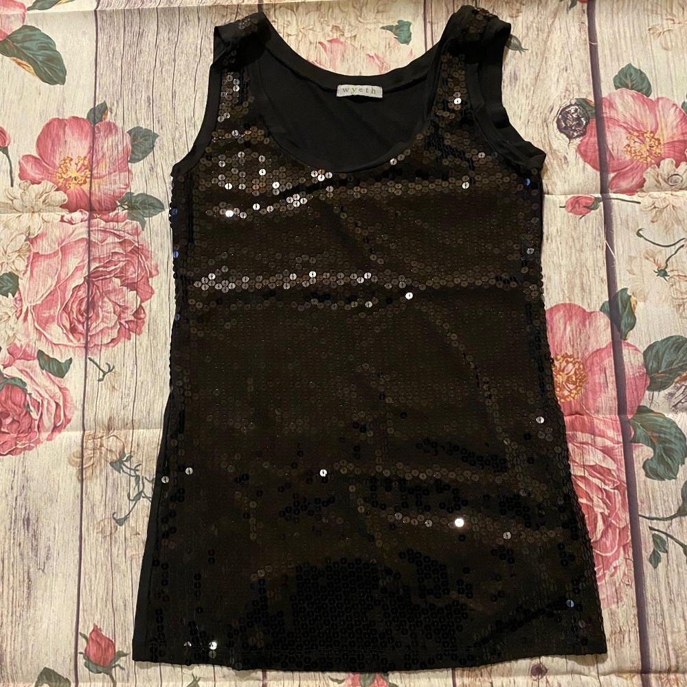 Wyeth by Todd Magill Sequined Front Black Dressy Top Sleeveless Tank Medium